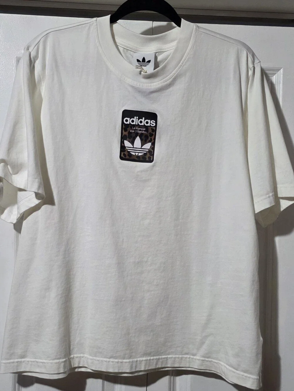 Adidas White Tee with Leopard Trefoil Patch Label